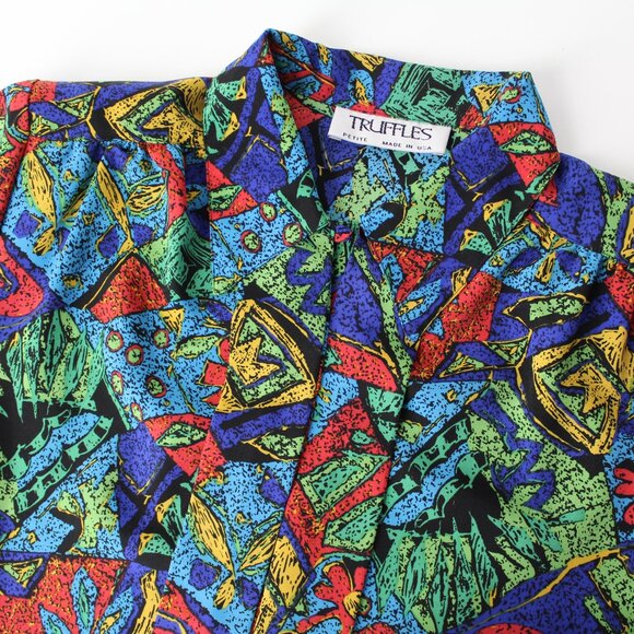 Truffles vintage 80' button down blouse top abstract retro print petite S M - Picture 4 of 7
